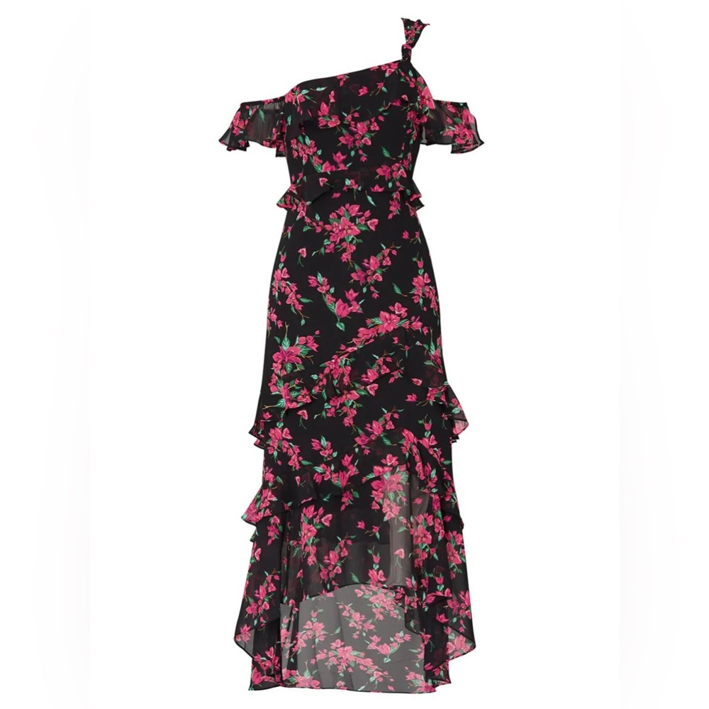 Jillian one-shoulder ruffled floral-print chiffon midi dress
